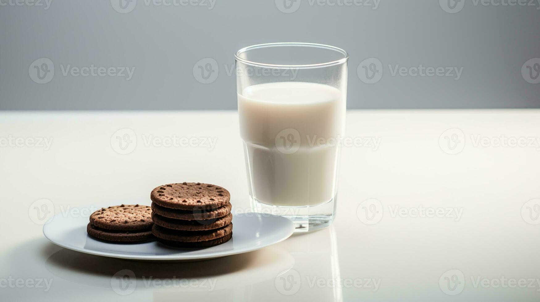 Photo of a glass of milk with chocolate biscuits on a minimalist table