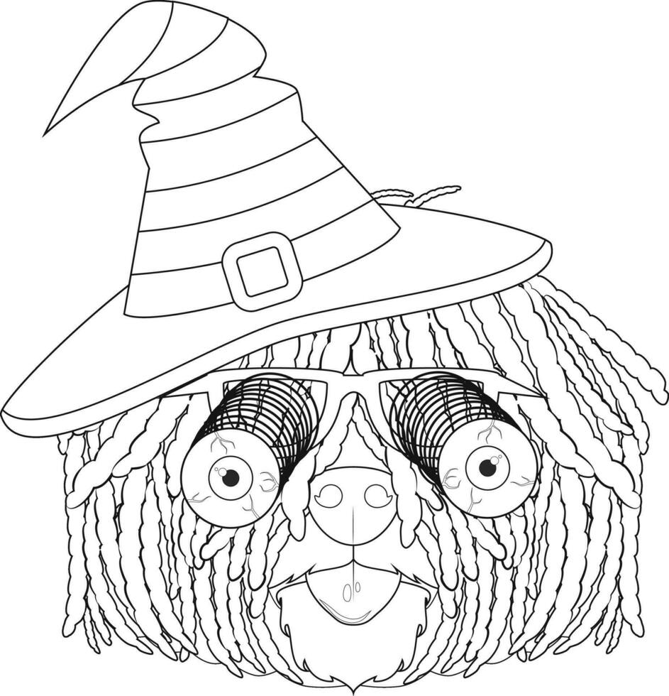Halloween greeting card for coloring. Puli dog dressed as a witch with black and green hat and glasses with terrifying googly eyes vector