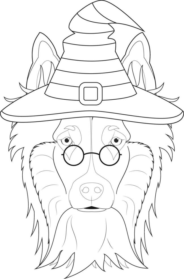 Halloween greeting card for coloring. Collie Rough dressed as a witch with glasses and black and orange hat vector