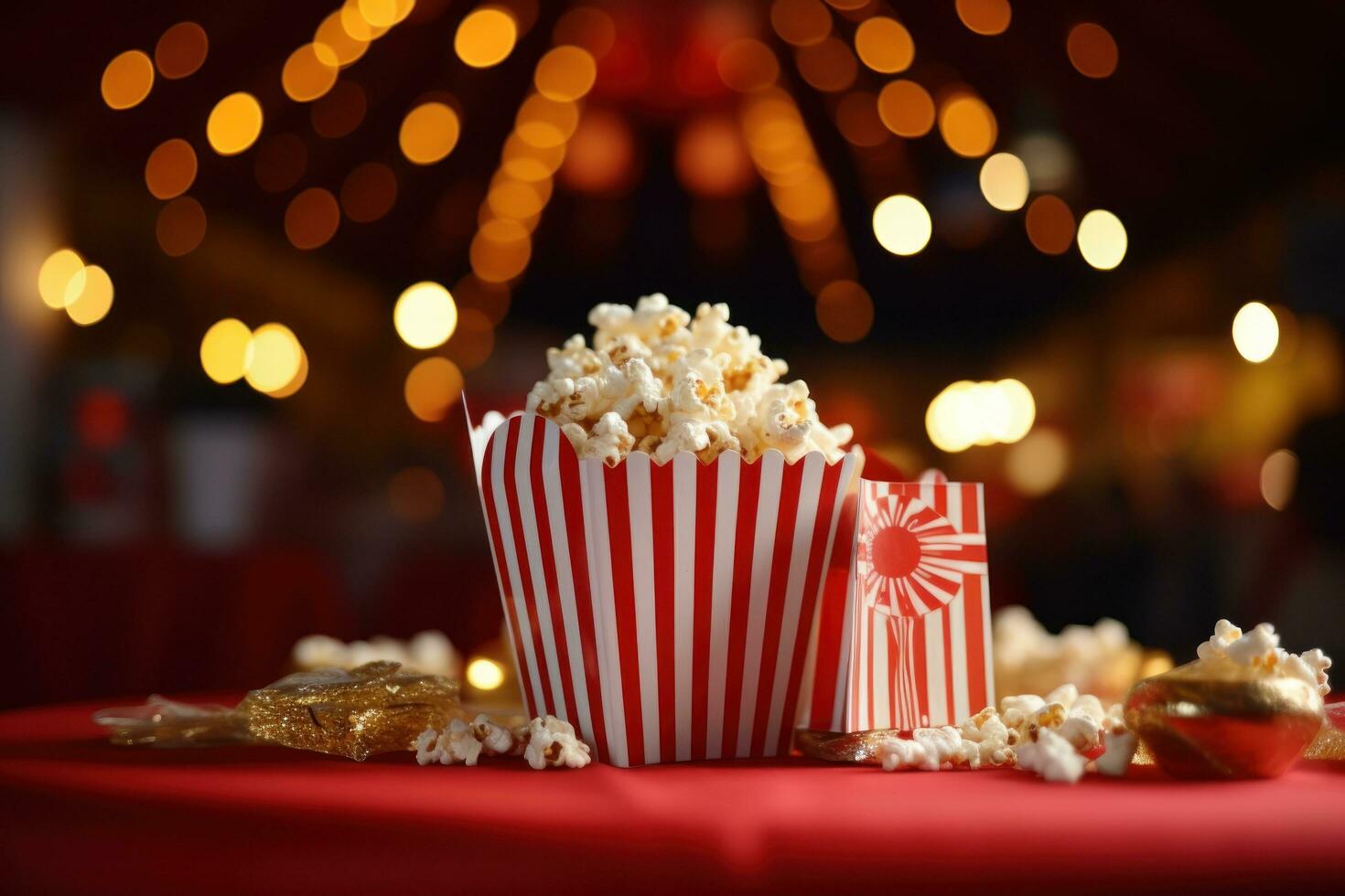 A popcorn striped paper bag in a theater surrounded by lights photo