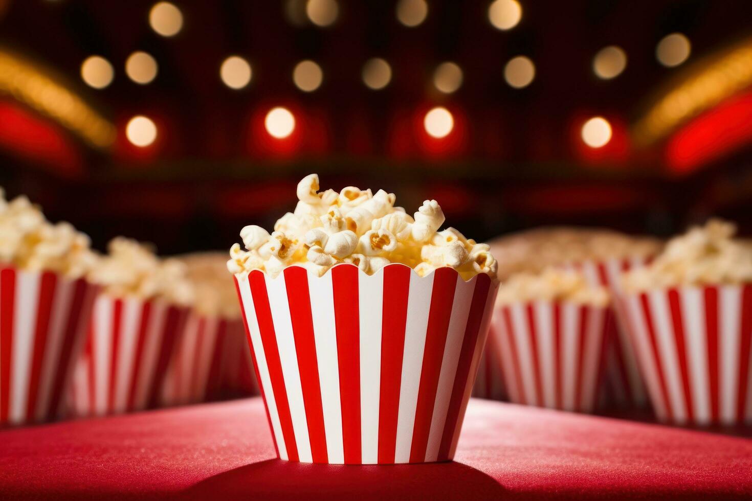 A popcorn striped paper bag in a theater surrounded by lights photo