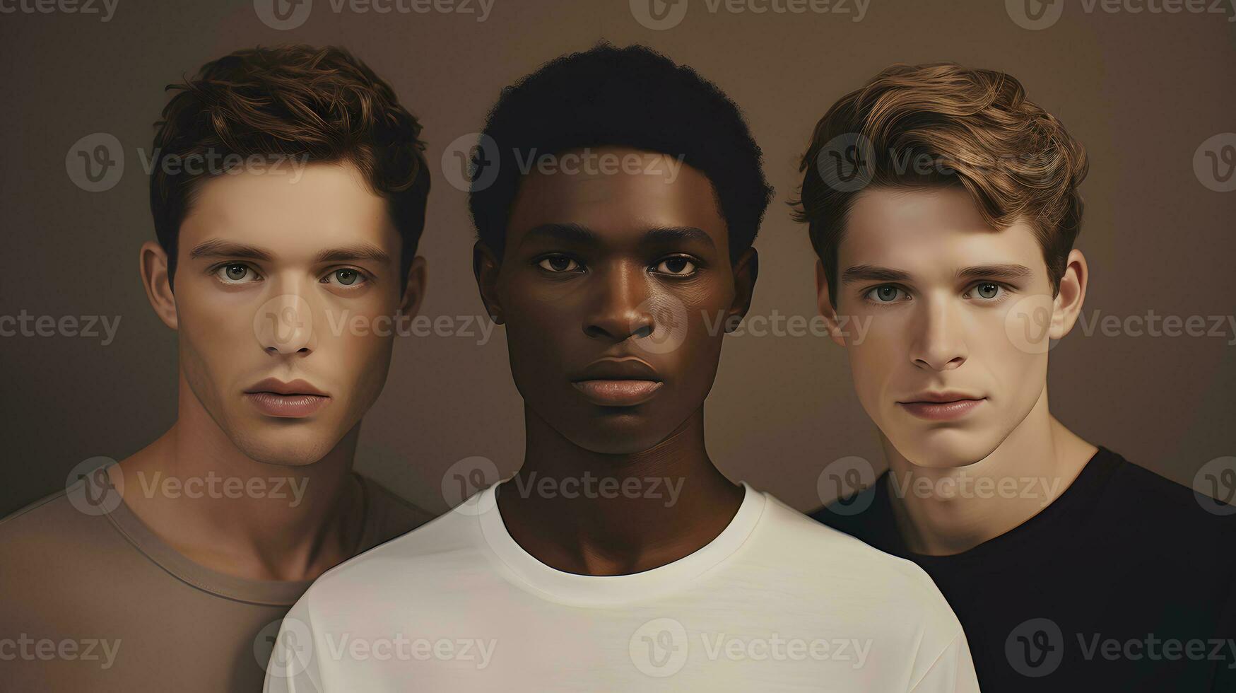 Portrait of three young men looking at camera isolated on grey background photo