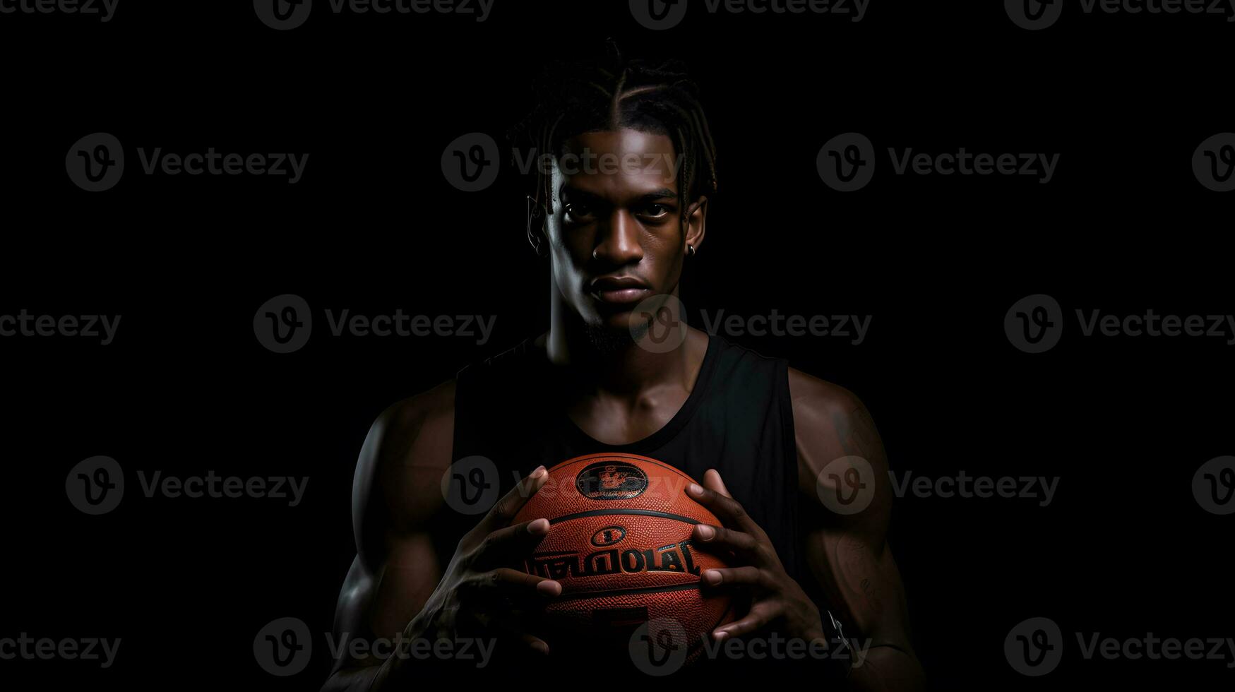 African american male basketball player holding ball on black background in studio photo