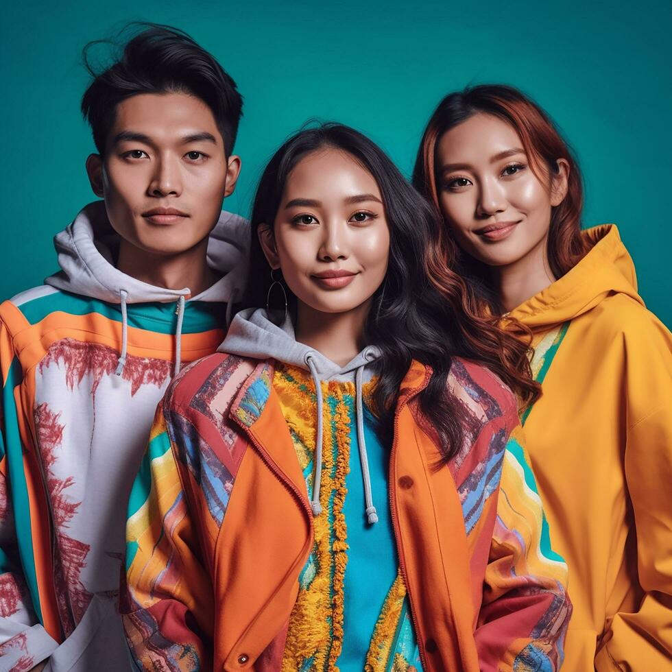 A group of Asian gen z models posing in modern Bold Modern style outfits AI generated photo