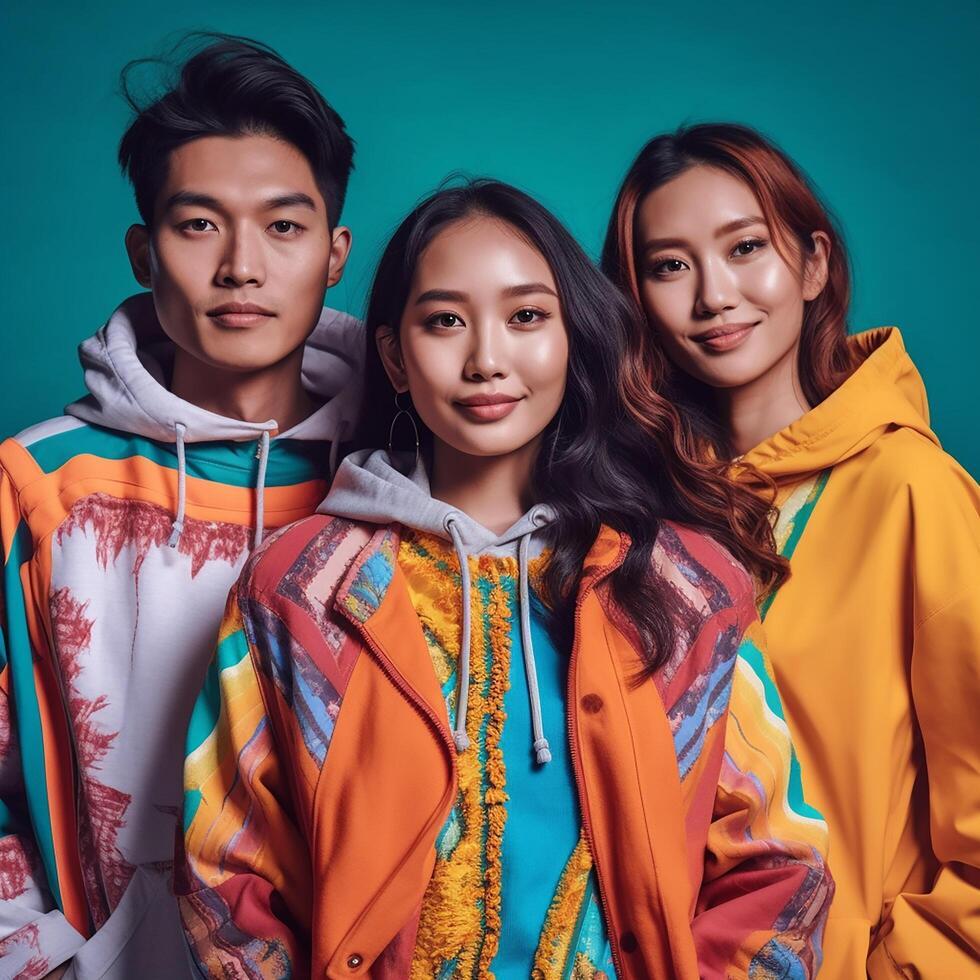 A group of Asian gen z models posing in modern Bold Modern style outfits photo