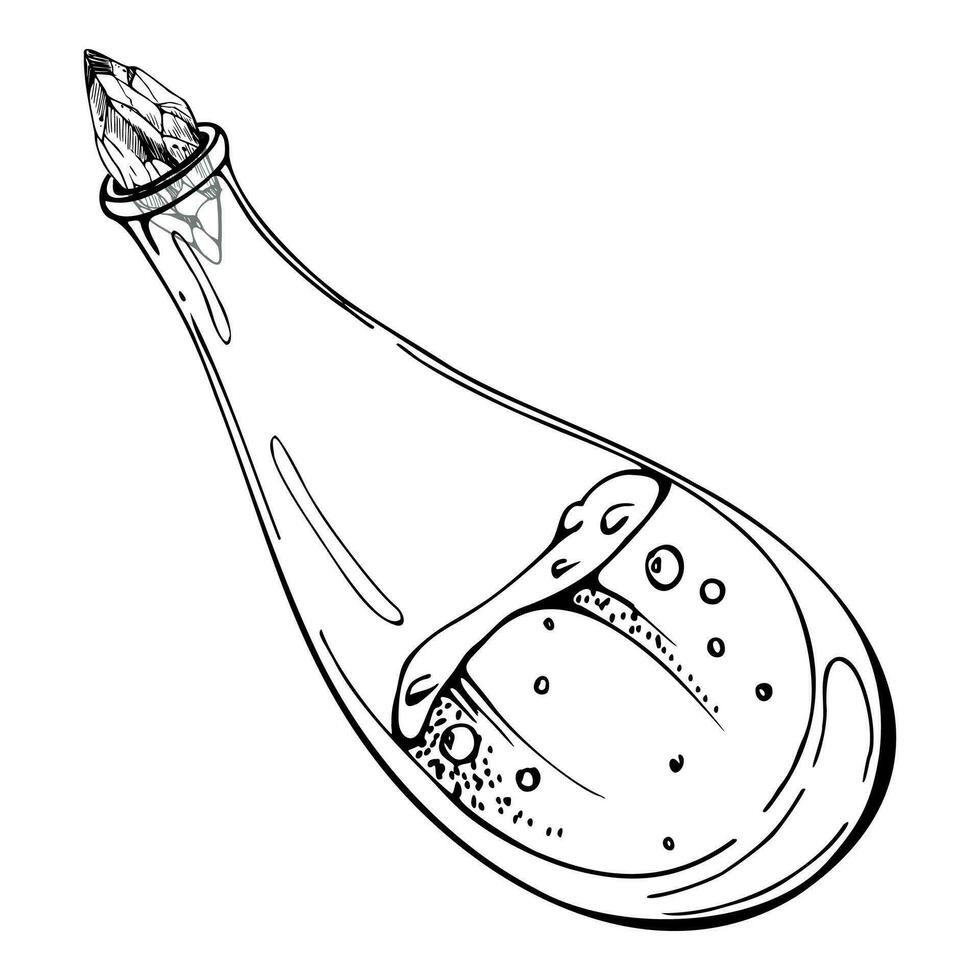 Hand drawn ink vector glass jar vial bottle with crystal. Sketch illustration art witchcraft, medicine, chemistry, alchemy. Isolated object, outline. Design shops, logo, print, website, card, booklet