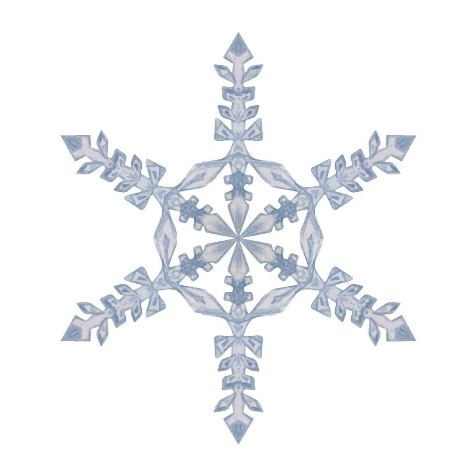 Hand drawn watercolor blue and silver snowflakes, water ice crystal frozen in winter. Illustration, single object isolated on white background. Design for holiday poster, print, website, card, booklet vector