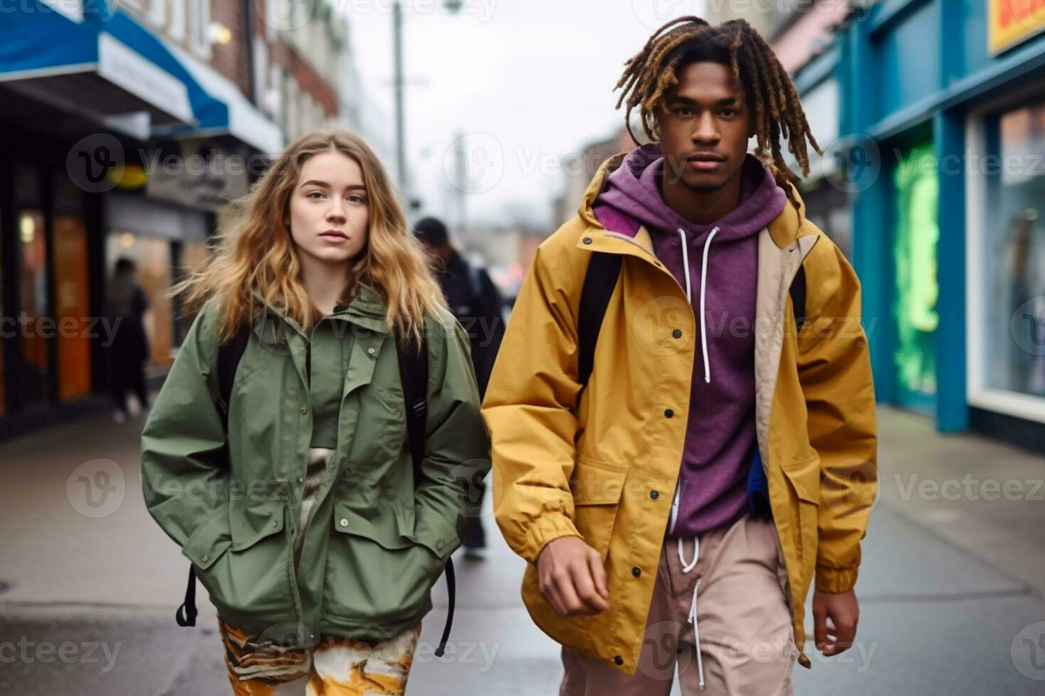 gen z posing in gorpcore outfits AI generated photo