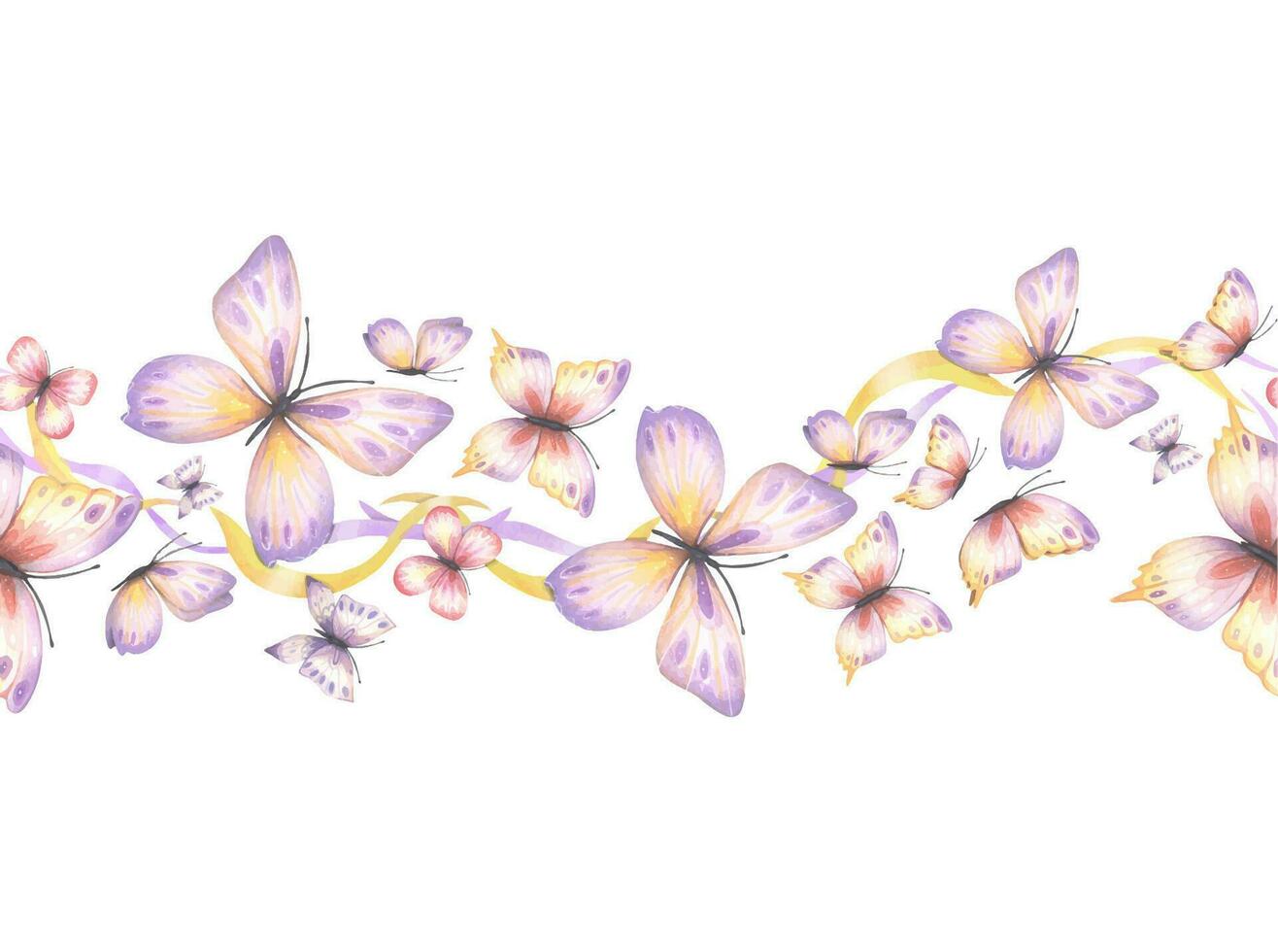 Seamless border with abstract butterflies in purple and yellow tones, watercolor vector