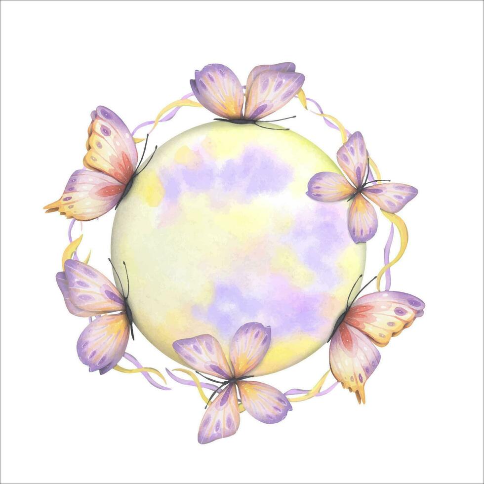 Hand drawn watercolor moon with butterflies vector