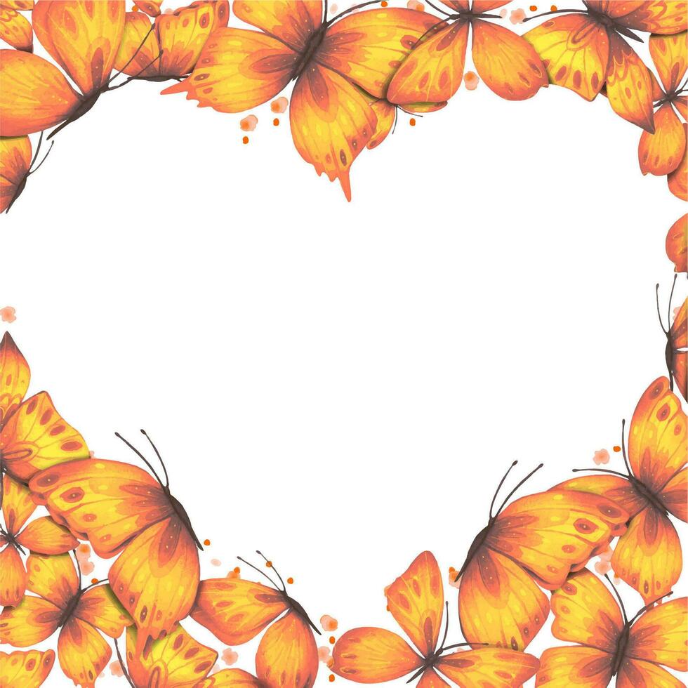 corazón conformado marco con resumen mariposas en naranja y amarillo tonos, acuarela. antecedentes con mariposas vector
