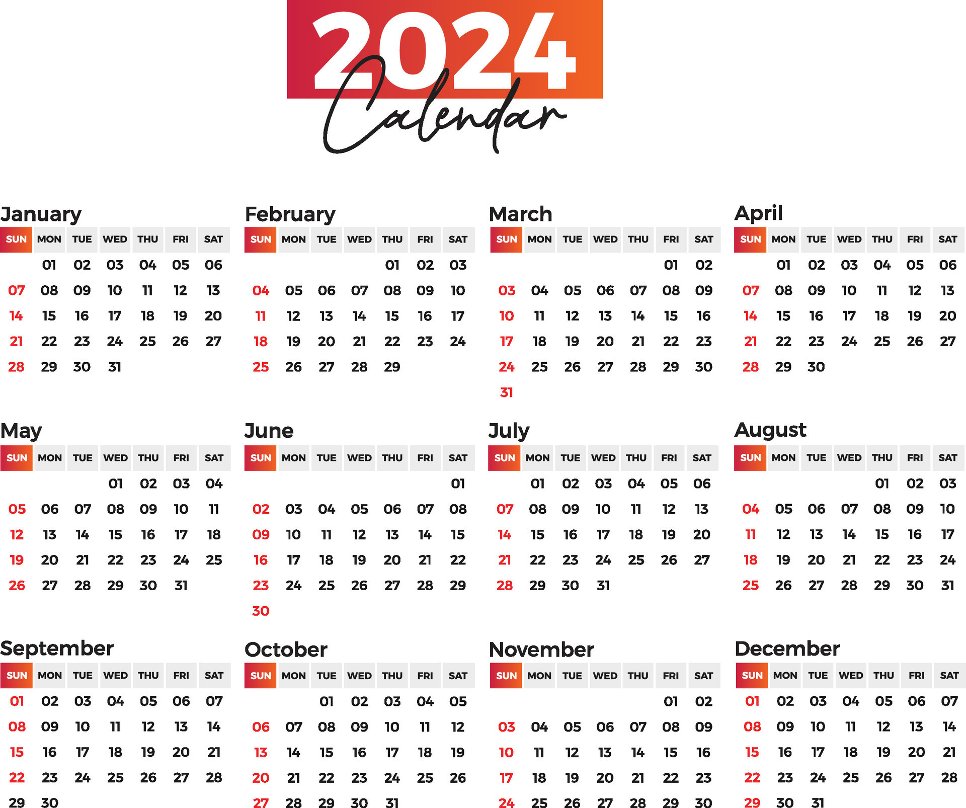 Free Colorful 2024 Calendar Vector