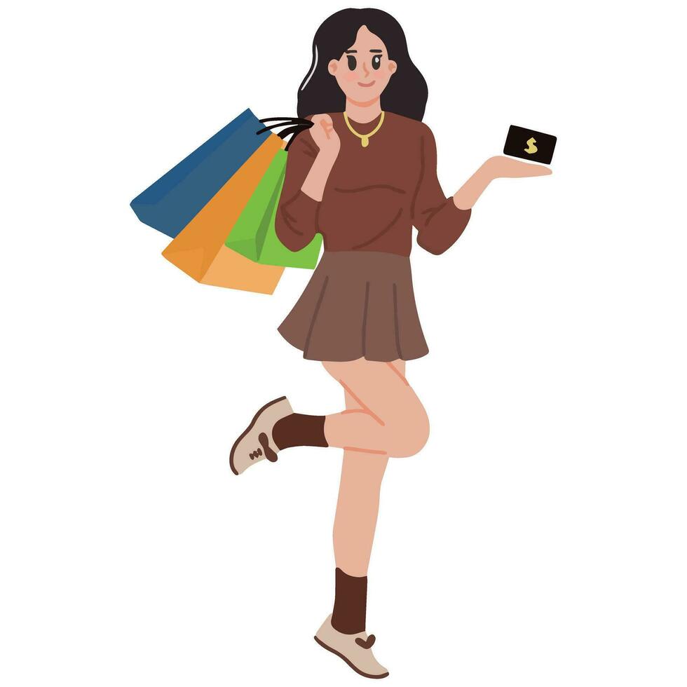 contento mujer vistiendo suéter y mini falda y zapatillas que lleva también mucho compras bolso vector