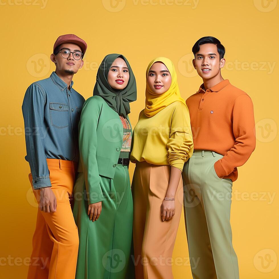 A group of Asian gen z models posing in modern Bold Modern style outfits photo