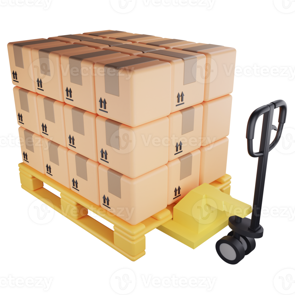 Stack parcel box on pallet and hand lift clipart flat design icon isolated on transparent background , 3D rendering logistic and delivery concept png