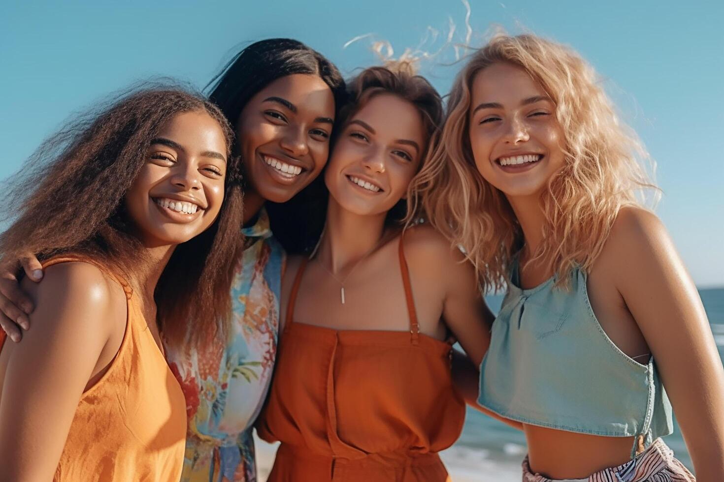 a group of gen z selfie on the beach photo
