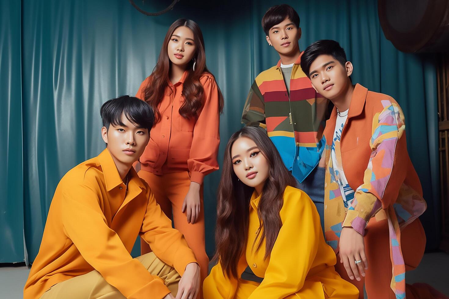 a group of young fashion models in modern outfits photo