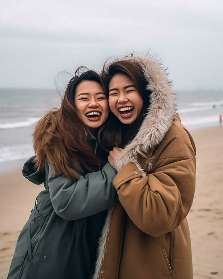 female best friend in winter dress on the beach ai generated photo