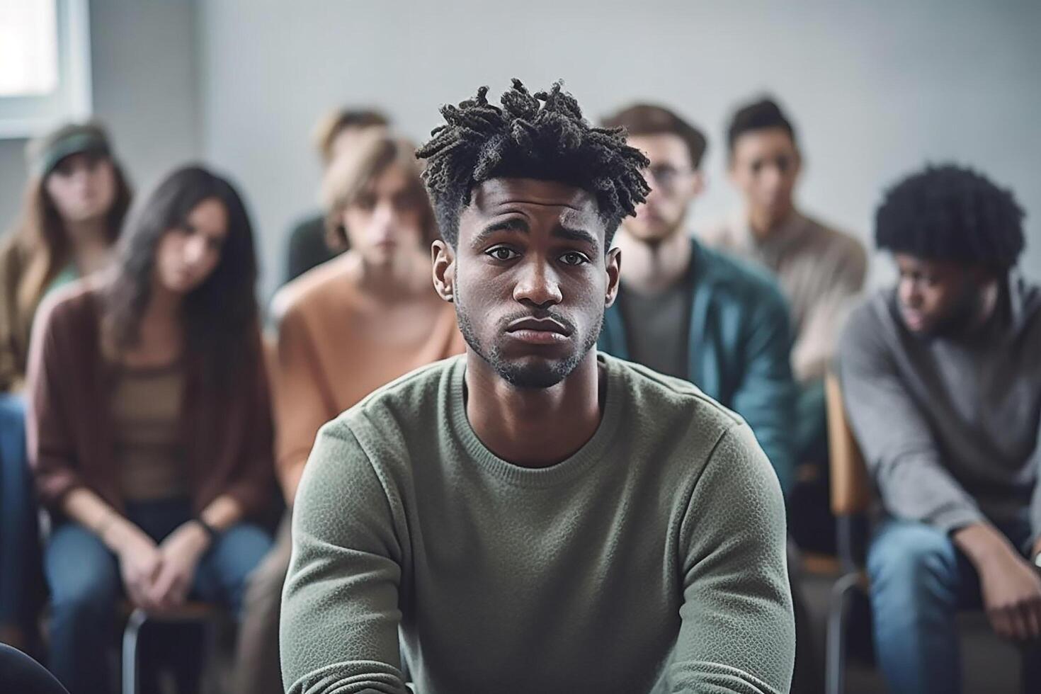 depressed young man in support group photo