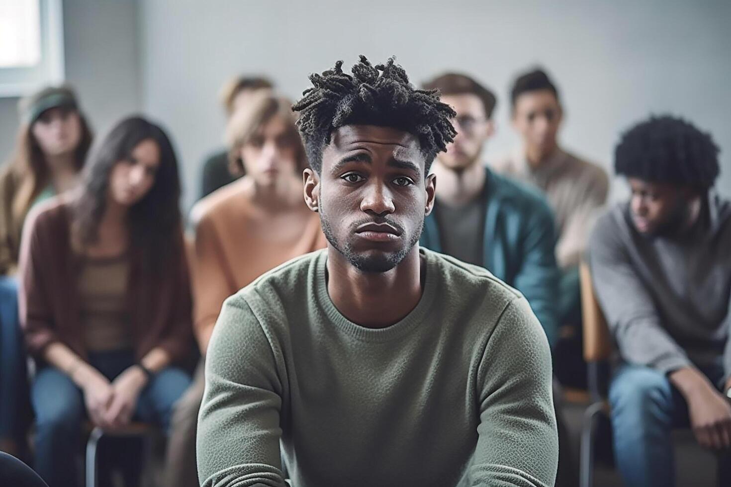 Deprimido joven hombre en apoyo grupo ai generado foto