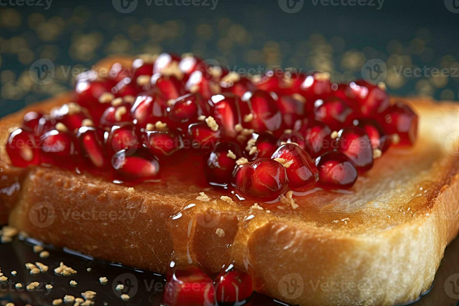 Pomegranate toast, macro shot of a fresh breakfast with Dripping Honey, AI Generated photo
