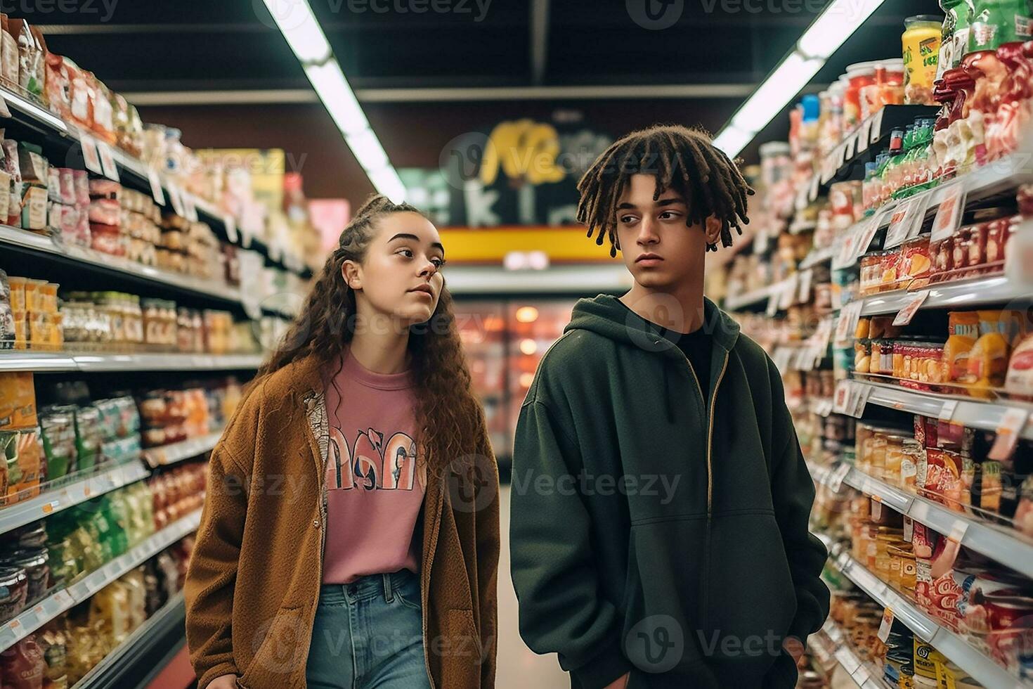 gen z Pareja a el tienda de comestibles Tienda ai generado foto