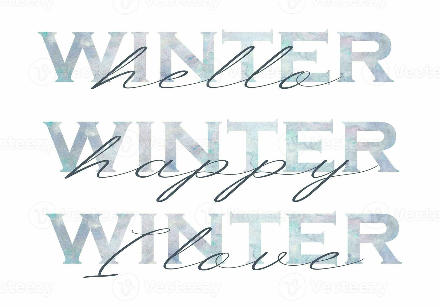 Set of Winter Lettering. Vector illustration with Watercolor elements isolated on white. Cold and ice design season art Wording for Banner, Postcard, Placard, Poster. photo