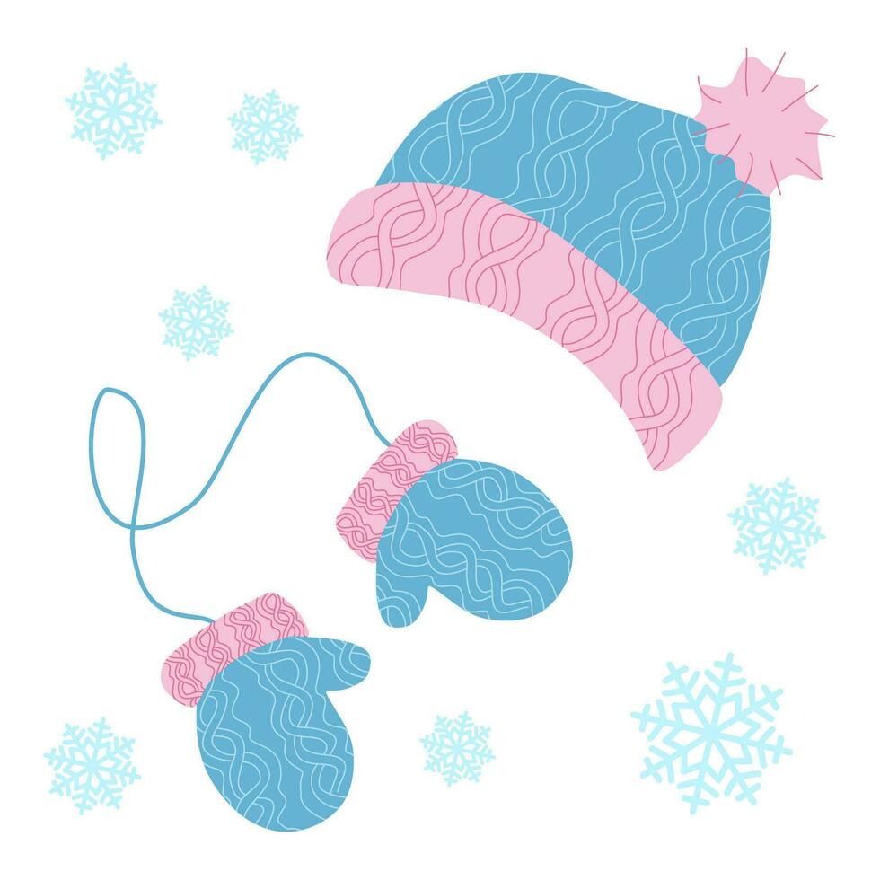 Set of Warm winter Clothes. Hat and Pair of Mittens vector illustration isolated on white. Flat style Protective objects for holiday decoration. Design art color woolen Female Gloves and Cap.