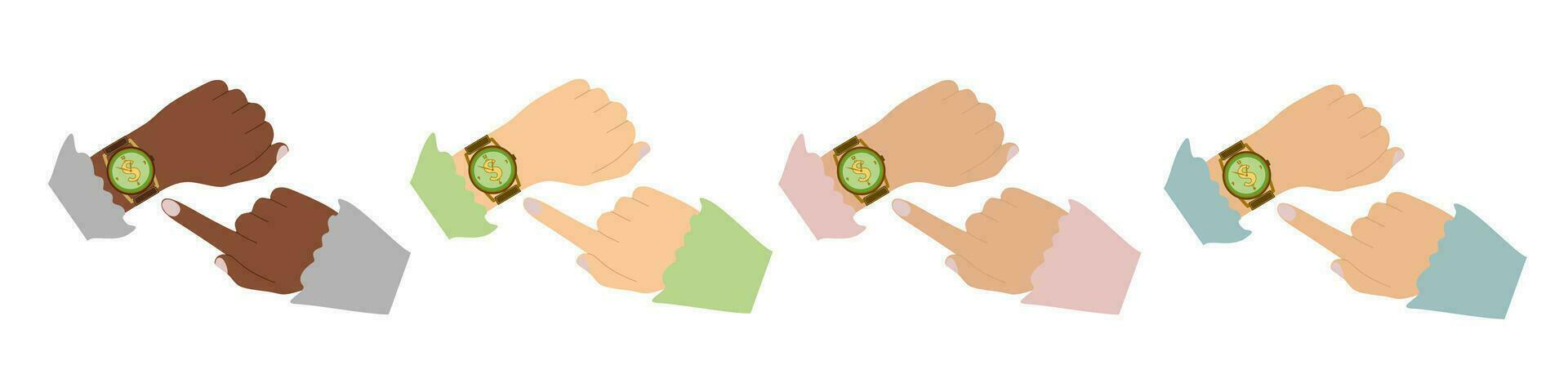 Set of multinational Businesswoman hand point at Wristwathes. Time is money. Vector time management Flat style Business illustration. Woman hands and Clock. Timing, planning, entrepreneur, meeting.