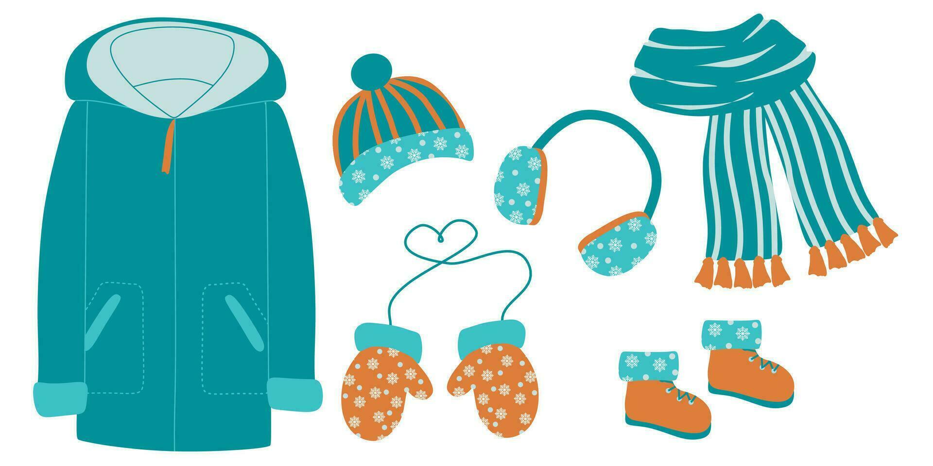 conjunto de calentar invierno ropa. sombrero, par de mitones, Saco y botas. vector ilustración aislado en blanco. plano estilo protector prenda para frío clima, fiesta decoración. diseño Arte lana accesorio.