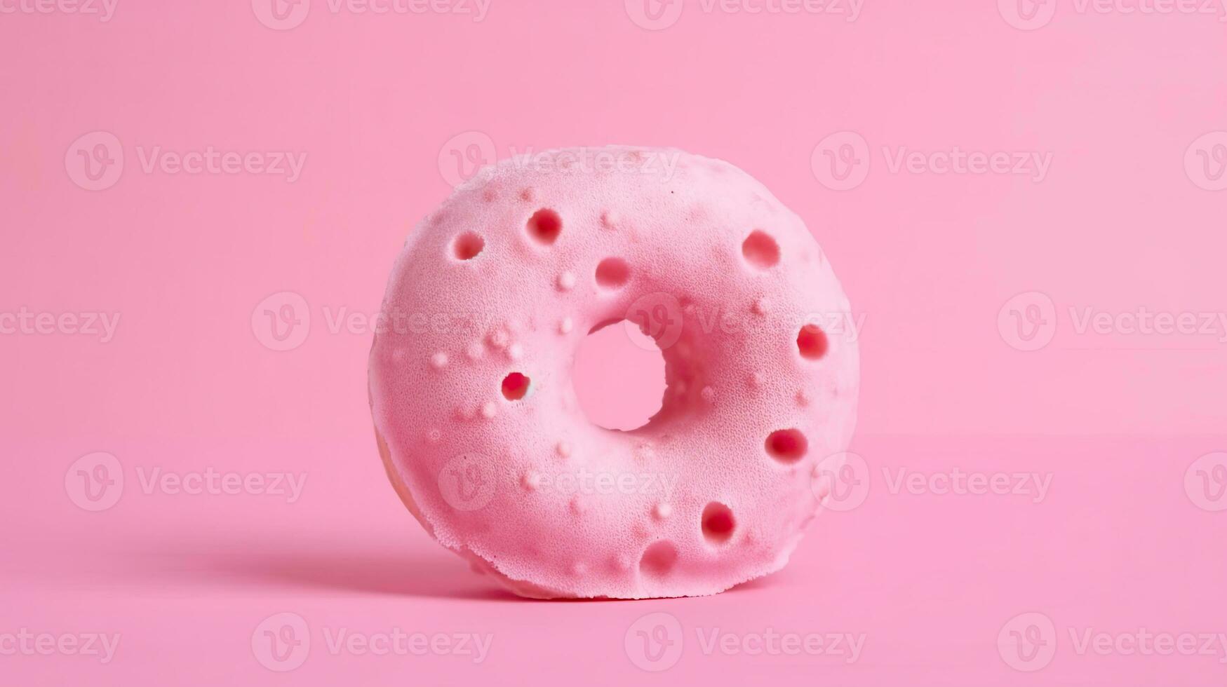 Bitten pink icing donut with marshmallows on pink background, AI Generated photo