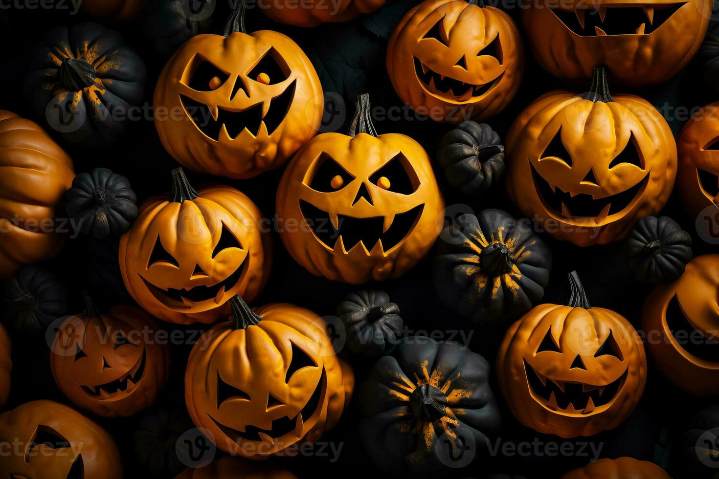 Seamless Halloween pattern featuring spooky black pumpkin faces and festive orange jack-o'-lanterns photo