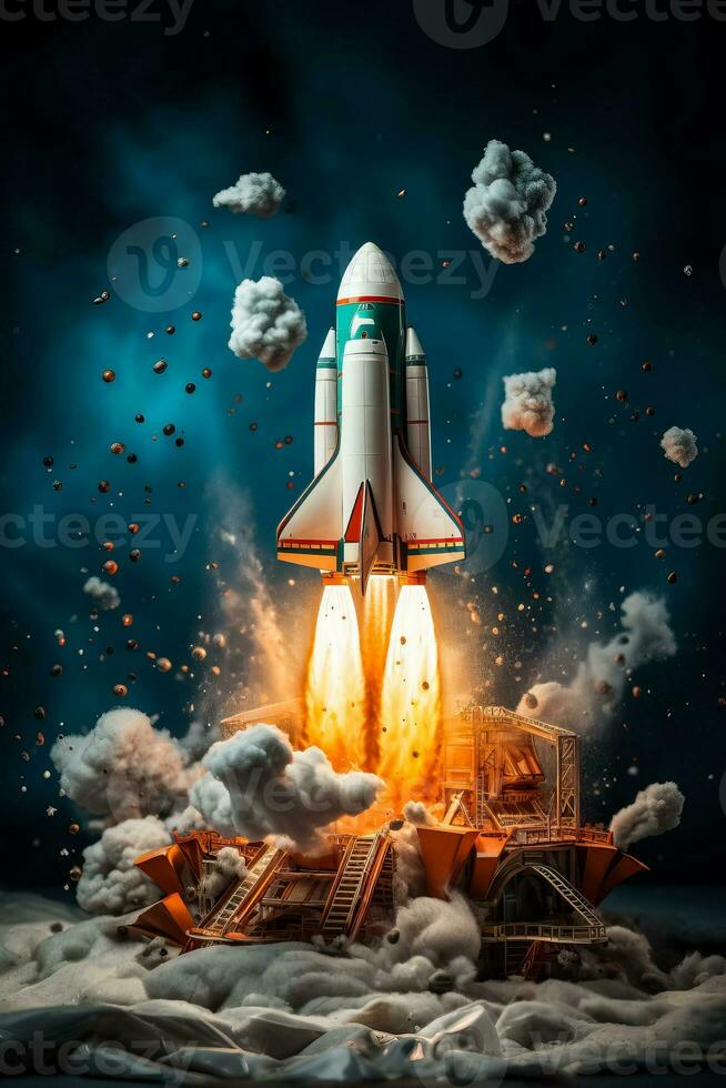 Rocket launches from an open book spaceship lifts off from a dictionary illustrating successful startup and education with AI generative creativity photo