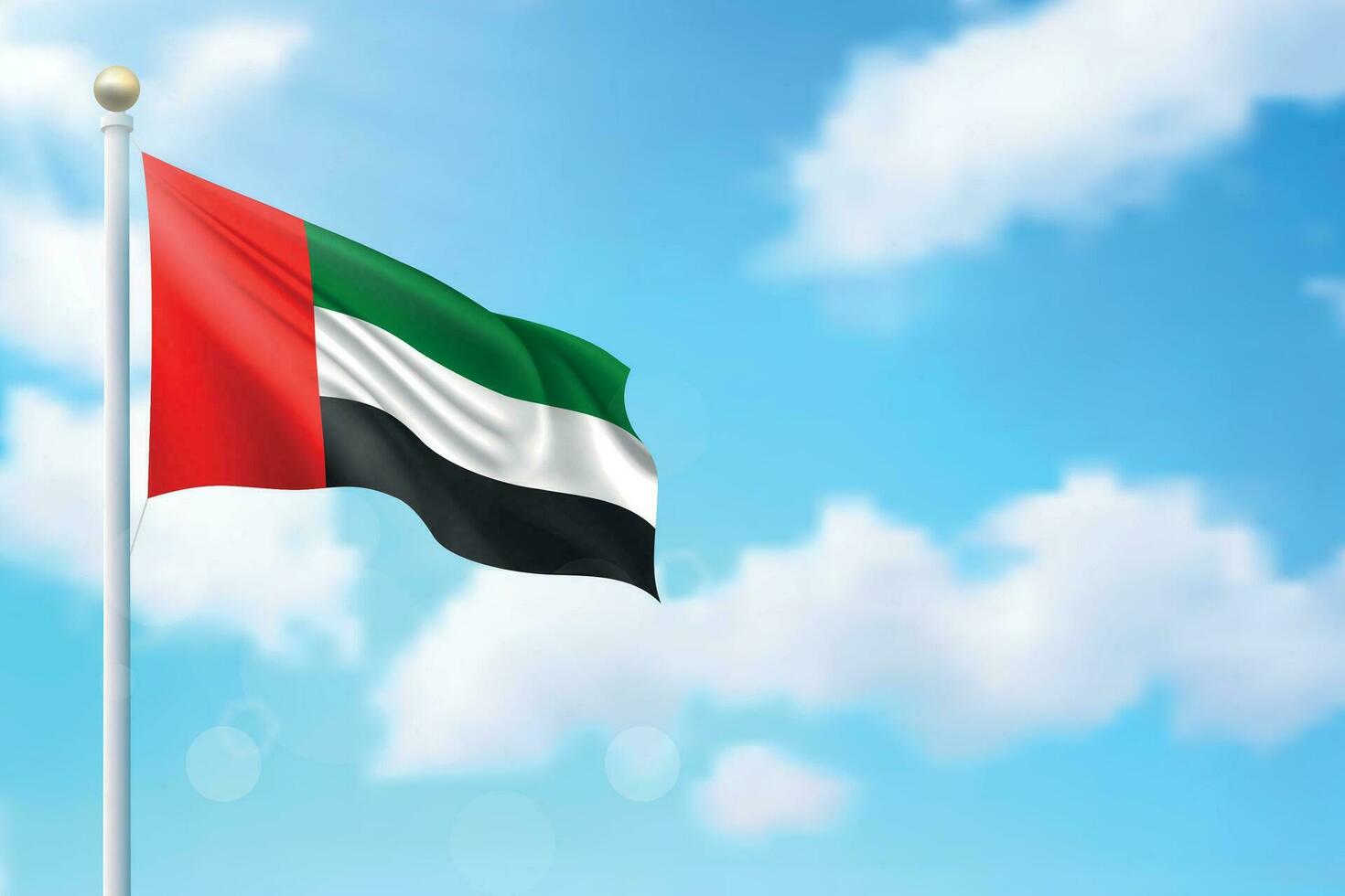 Waving flag of United Arab Emirates on sky background. Template for independence vector