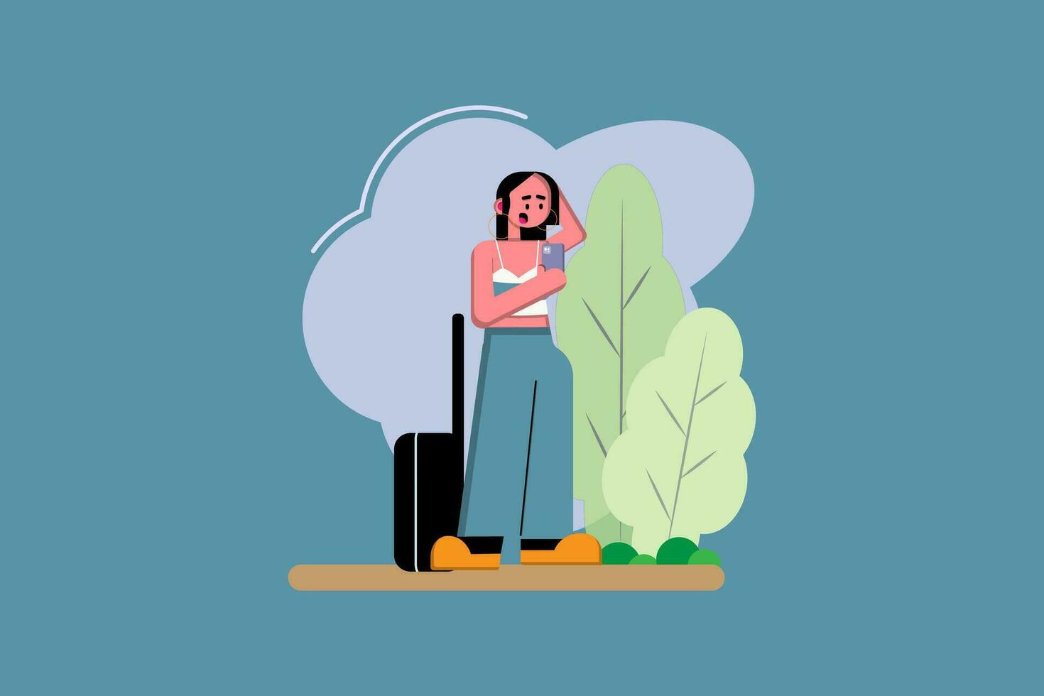 a confused woman wants to travel carrying a suitcase while standing next to a tree vector