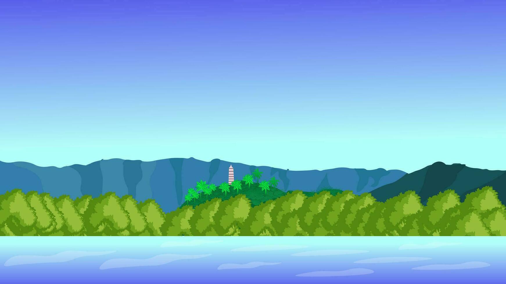 Landscape of mountains and lakes with Lighthouse. Natural background images.Landscape. Mountain lake landscape vector illustration. beautiful nature, green grasslands forest,  blue lake mountains