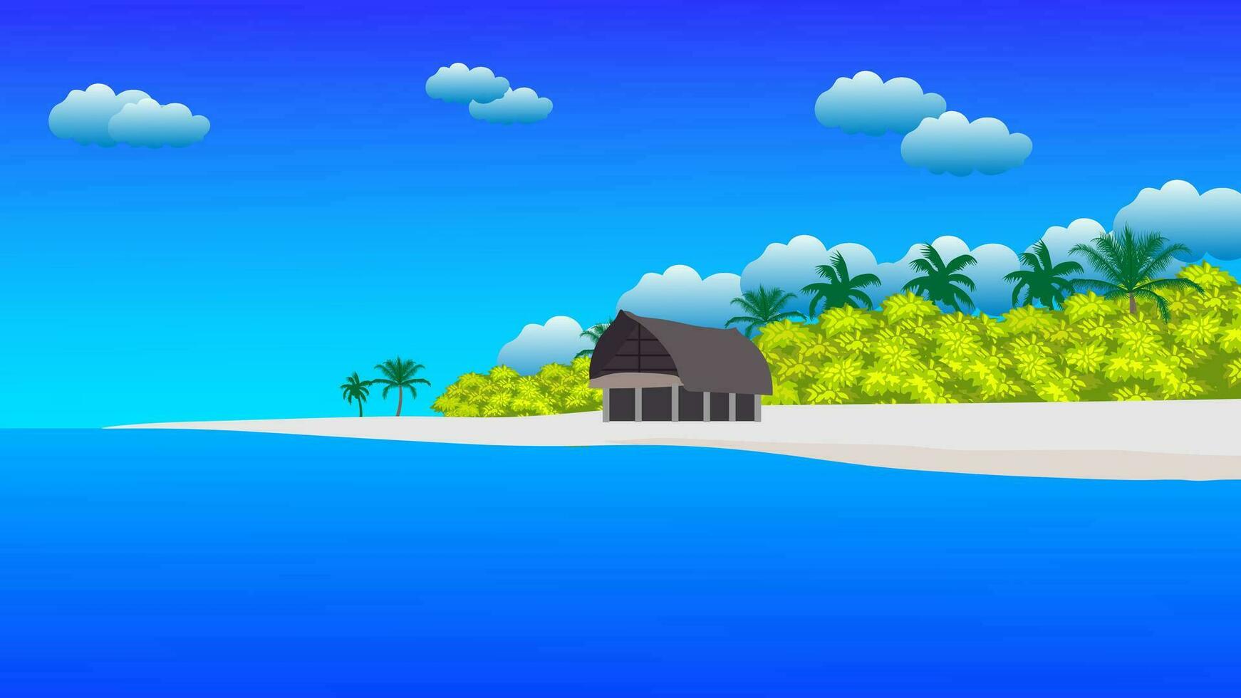 Landscape of mountains and lakes. vector illustration. Cartoon flat panorama of spring summer beautiful nature, green grasslands meadow with flowers, forest, scenic blue lake and mountains