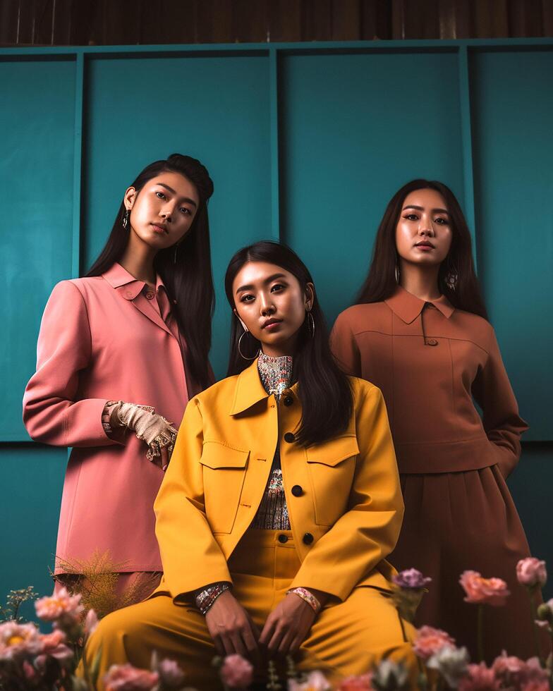 a group of young fashion models in modern outfits photo