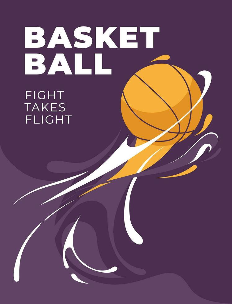 Basketball game poster. The ball flies among the splash. Purple flyer design. Vector flat illustration