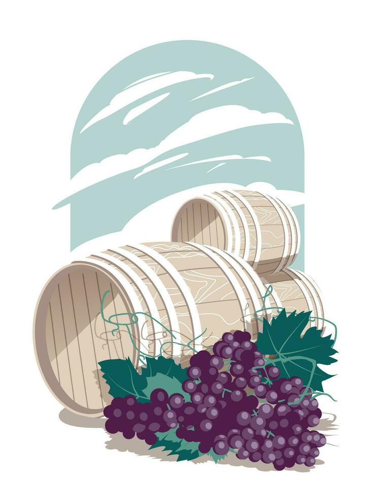 barrels with wine and a bunch of dark grapes on the background of the sky. Retro poster. Flat vector illustration