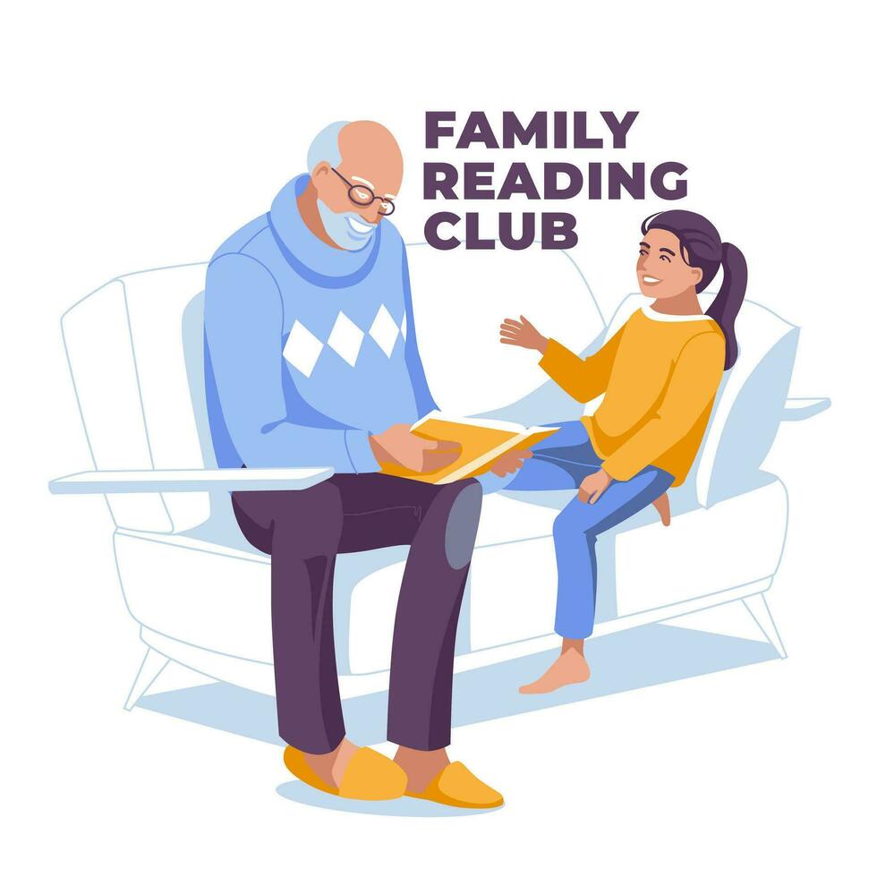 Grandfather reads to his granddaughter sitting on the sofa. Isolated on white background. Vector flat illustration