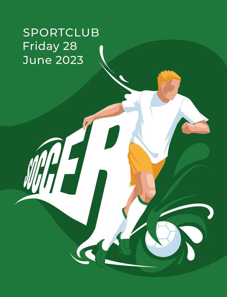 Soccer game poster. Athlete on the background of large text and splashes. Green flyer design. Vector flat illustration