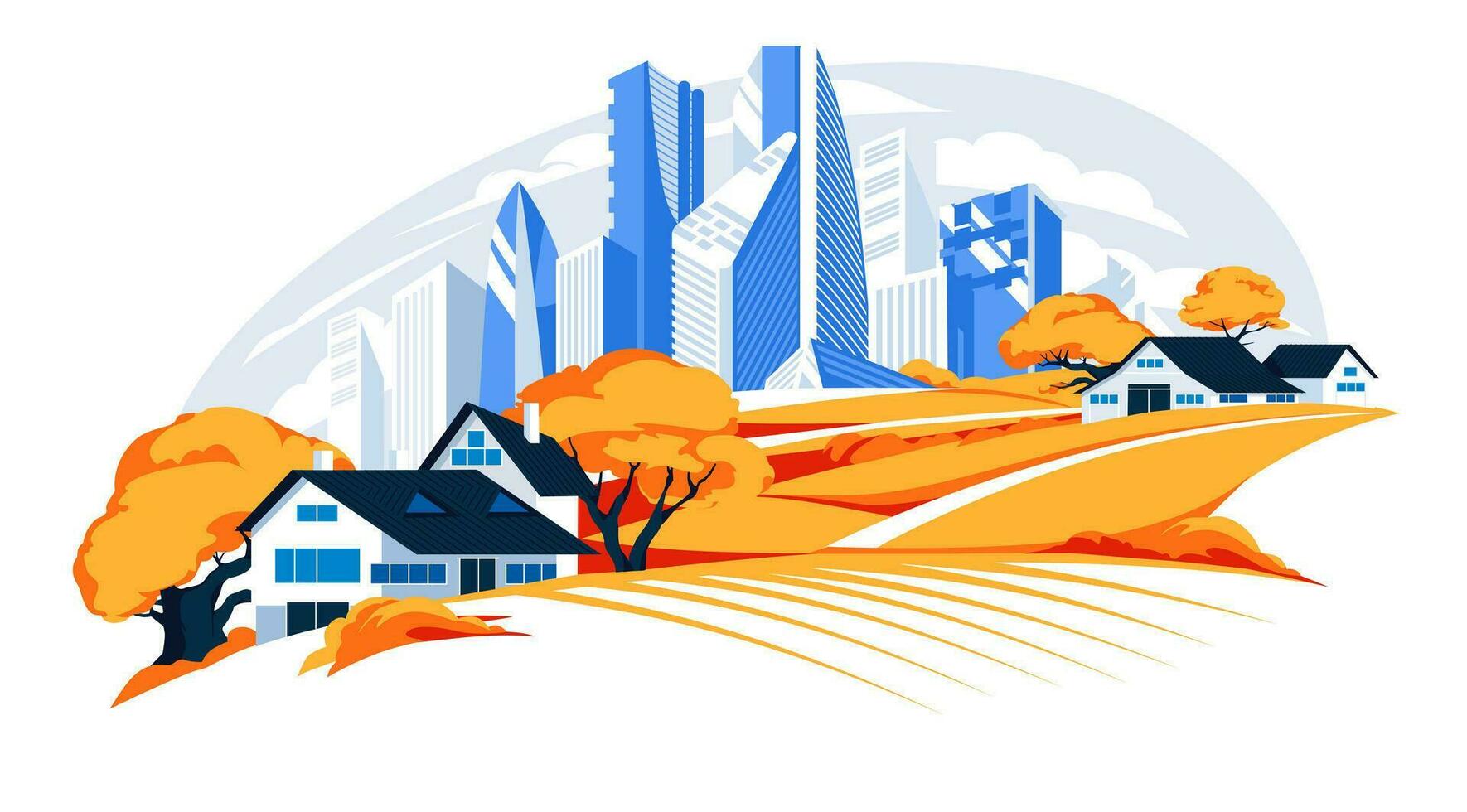 Rural houses on autumn hills against the background of skyscrapers of a big city. The concept of the contrast between village and city life. Season landscape scene. Vector flat illustration