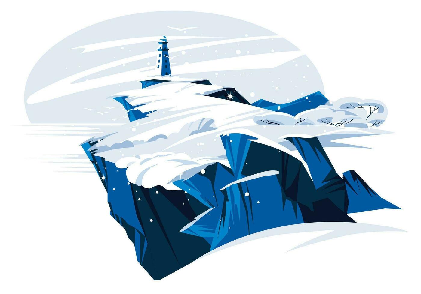 A lighthouse on the winter hills. Nature frosty season scene. The open horizon of space. Vector flat illustration
