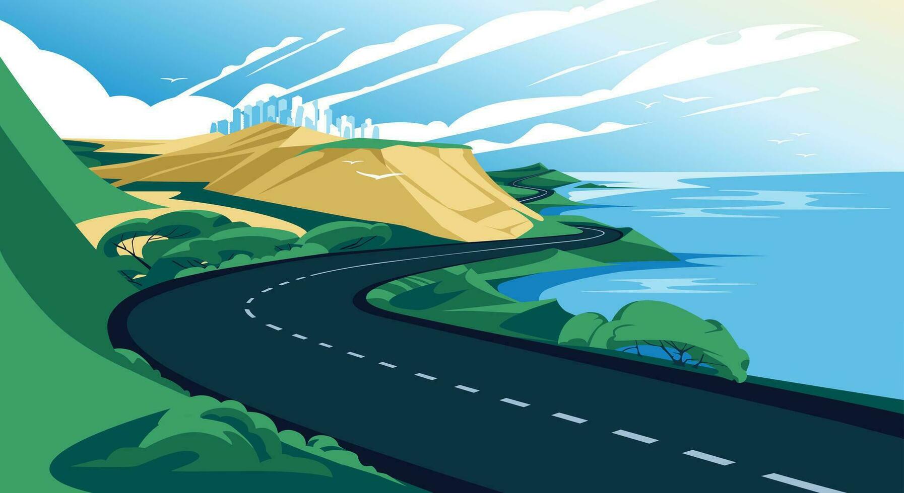 mar la carretera verano aventuras viajar. sierras, grande agua y el ciudad. el cielo es nublado. brillante día. vector plano ilustración