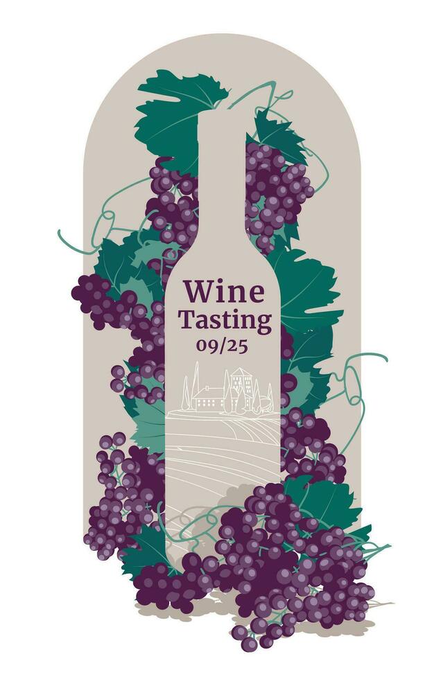 Retro poster with a bottle containing a winery landscape on a background of grapes. flat vector illustration