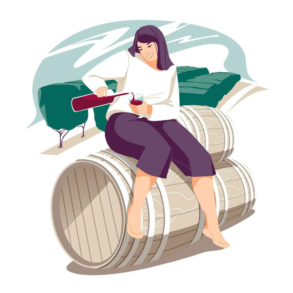 A young woman sits and pours herself a mug of wine against the background of a wine-making landscape. Retro style. Flat vector illustration