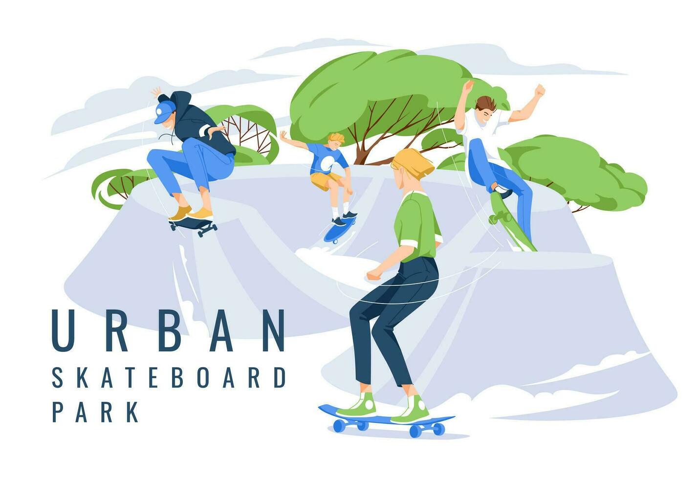 cuatro patinadores realizar trucos en un ciudad parque para patinadores. extremo Deportes. verano humor. plano vector ilustración