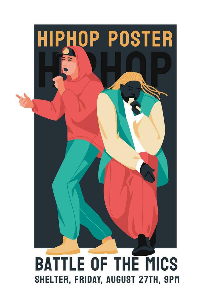 hip hop battle microphones. Two musicians on stage. Subculture. Flyer design, club events posters vector