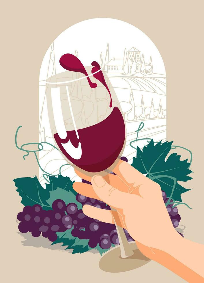 of a human hand holding a glass of wine with splashes on a background of bunches of grapes. Retro poster. Flat vector illustration